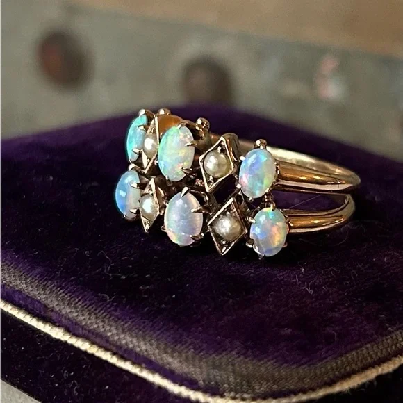 Antique 14K Seed Pearl & Opal Double Ring - Picture 5 of 8
